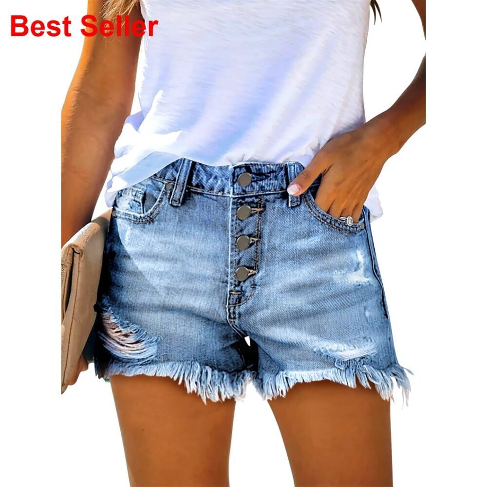 Ripped Mid Waisted Denim Shorts with Pockets